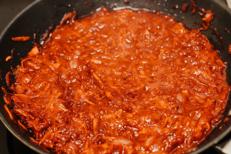 Roasting for borscht soup made of beets, onions and carrotsの写真素材