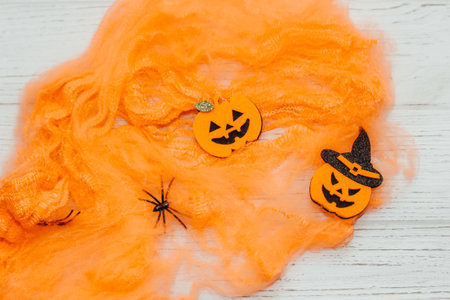 Toy Halloween Pumpkins with Felt and Faux Spider Web Festive Decor Party Accessories.の写真素材