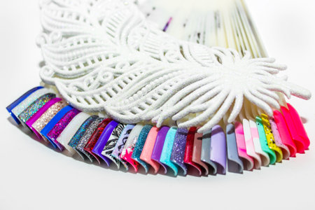 Palette of nail designs, testers of multicolored polishes on flat nailsの写真素材