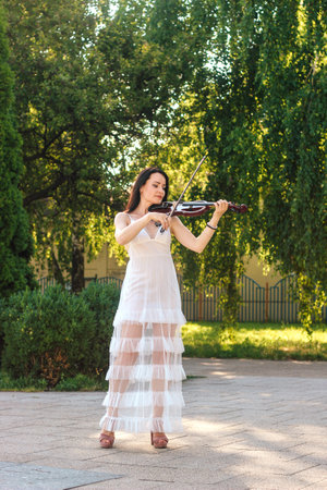 Woman artist with dark hair in a dress plays a wooden concert electric violinの写真素材