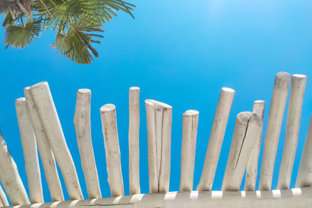 The roof of a tropical bungalow with a palm tree against the sky, protection from the sunの写真素材