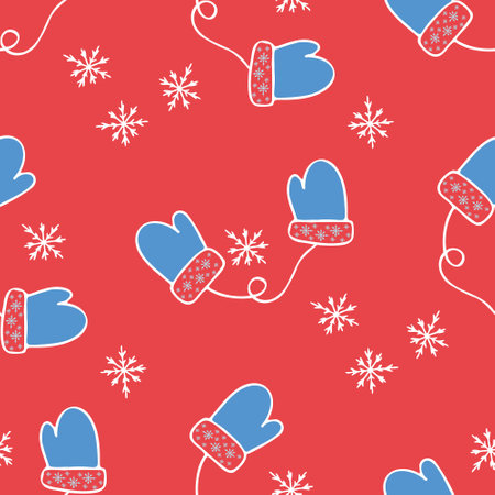 Seamless pattern of winter warm gloves on a red backgroundのイラスト素材