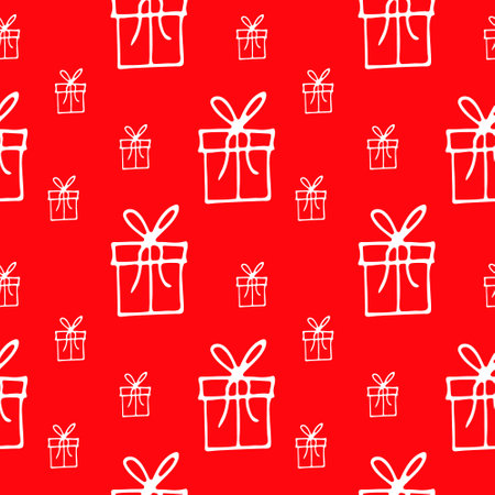 Seamless pattern of winter gifts on a red backgroundのイラスト素材