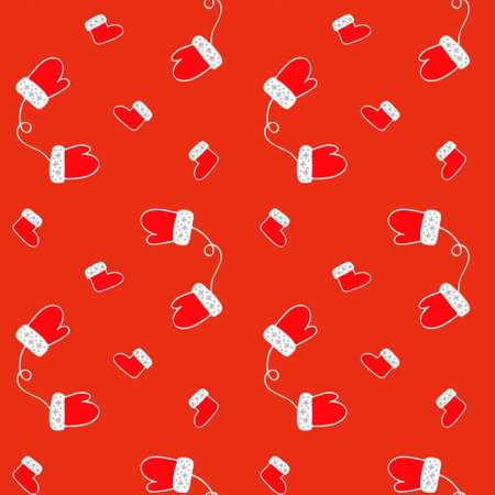 Seamless pattern of winter warm gloves on a red backgroundのイラスト素材
