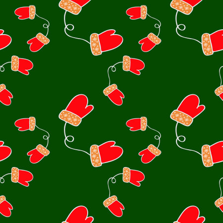Seamless pattern of winter warm gloves on a green backgroundのイラスト素材