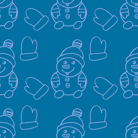 Seamless pattern of winter snowmen on a blue backgroundのイラスト素材