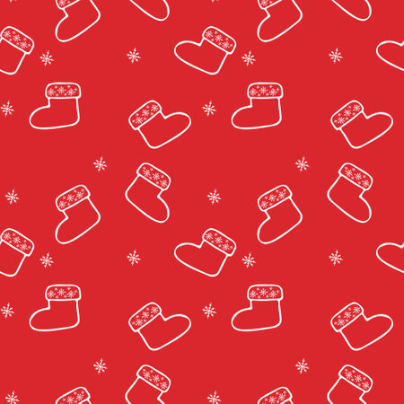 Seamless pattern of winter warm Santa boots on a red backgroundのイラスト素材
