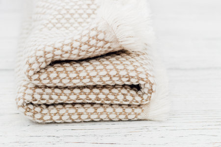 Knitted wool cozy scarf, background and place for textの写真素材