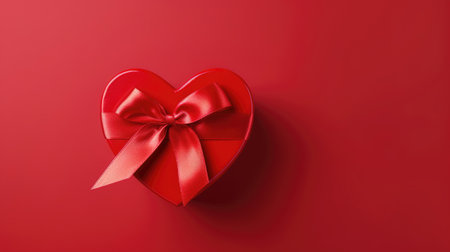 Love and romance concept, heart shaped gift box on red backgroundの素材
