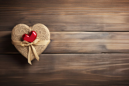 Concept of love and romance, gift box in the shape of a heart on a wooden backgroundの素材