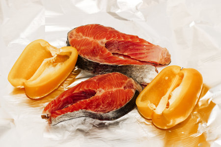 Cut red river trout fish steaks, homemadeの写真素材