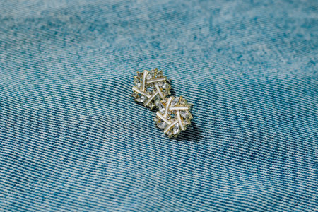 jewelry earrings on a denim backgroundの写真素材