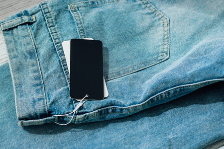 Denim jeans feature a stylish design with price tags attached resting casually on a rustic wooden surface illuminated by soft natural light.の写真素材