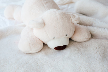 A soft plush bear lies comfortably on a fluffy blanket in a bright bedroom creating a peaceful and inviting atmosphere.の写真素材