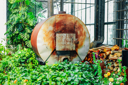 A weathered rust-colored container is nestled among vibrant green plants and logs in a bright greenhouse during daylight.の写真素材