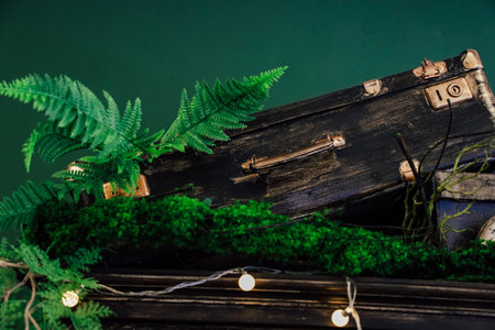 A vintage suitcase blends with lush greenery and twinkling lights, creating an enchanting atmosphere in a charming setting.の写真素材