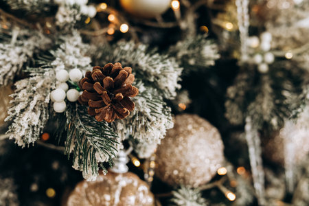 Close-up view of a Christmas tree adorned with golden ornaments pine cones and winter greenery. The decorations add a cozy holiday charm.の写真素材
