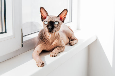 A sphynx cat relaxes on a window sill basking in warm sunlight during a clear day indoors showcasing...