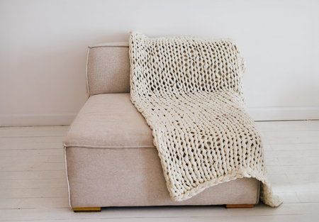 A stylish sofa is decorated with a knitted blanket creating a warm atmosphere in a minimalistic room. Natural light highlights the cozy scene.の写真素材