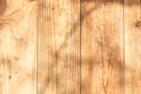 Sunlight casts shadows on a wooden surface revealing the natural texture and grain patterns creating an inviting atmosphere.の写真素材