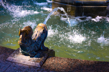A charming fish-shaped spout releases water into a serene fountain surrounded by gentle splashes and reflections in a park.の写真素材