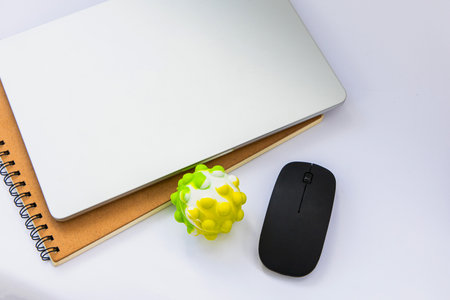 A laptop rests on a wooden notebook accompanied by a black mouse and a colorful virus model anti-stress at an organized desk.の写真素材