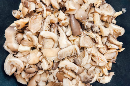 A large pile of Pleurotus chopped mushrooms sits in a dark pan reflecting the kitchens warm atmosphere.の写真素材
