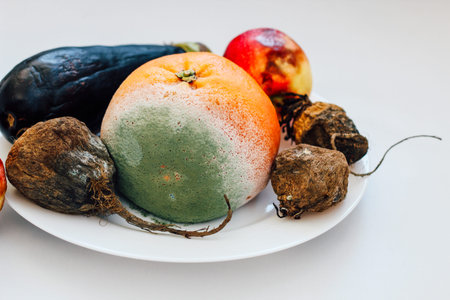 A plate filled with spoiled fruits and vegetables such as a moldy orange rotten apples and wilted...