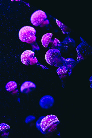 Delicate jellyfish glide through the dark water illuminated by vibrant purple and blue hues. Their graceful motion captivates.の写真素材