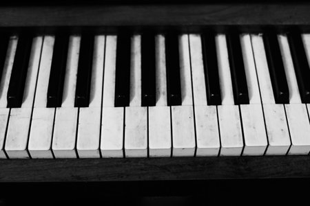 Close-up of piano keys reveals the contrasting black and white keys showing signs of use and wear in the background of a music environment.の写真素材
