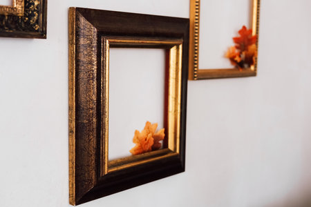 Empty wooden frames with a vintage design hang on a white wall each featuring small colorful leaves inside for decoration.の写真素材
