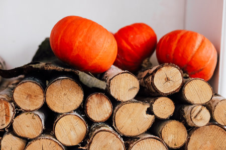 Three vivid orange pumpkins are placed on top of neatly stacked wooden logs in a warm and inviting indoor space.の写真素材