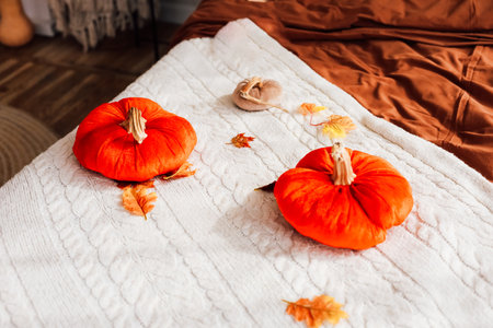 Two vibrant orange pumpkins with dried leaves sit on a cozy bed covered in a soft white blanket celebrating the fall season.の写真素材