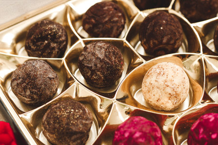 Assorted gourmet chocolate truffles arranged in a golden box showcase rich flavors and textures perfect for gifting.の写真素材