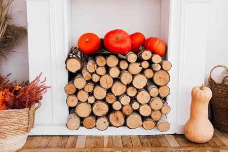 Stacked firewood creates a rustic backdrop for bright orange pumpkins capturing the essence of autumn decor in a cozy room.の写真素材