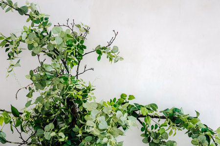 Artificial foliage fills the space against a plain wall creating a soothing and fresh indoor vibe.の写真素材