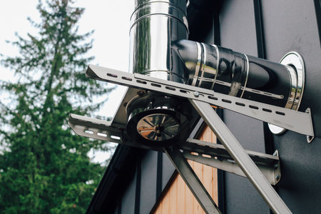 A sleek metal chimney is mounted on the exterior of a contemporary house surrounded by lush greenery and tall trees.の写真素材