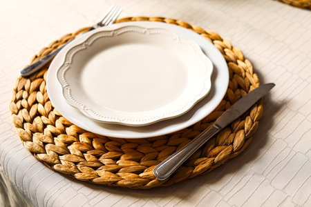 A beautifully arranged table features a woven placemat fine china plates and stainless steel utensils perfect for formal dining.の写真素材