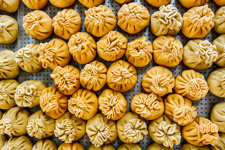 A vibrant display of yellow dumplings showcases an array of colors and shapes highlighting street food culture. Visitors admire these tasty bites.の写真素材