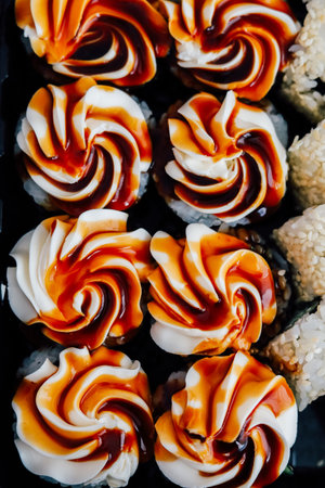 A vibrant assortment of sushi rolls showcases creamy swirls topped with savory sauce perfect for sharing at a cozy meal.の写真素材