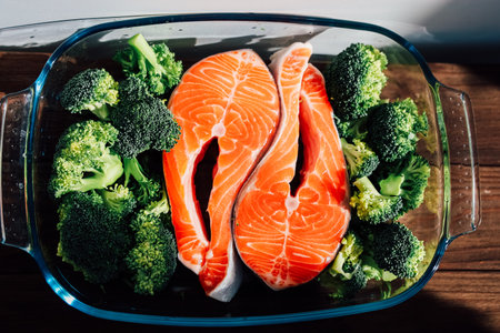 Two salmon fillets are placed with vibrant broccoli in a clear dish on a wooden table. The arrangement showcases fresh ingredients ready for cooking.の写真素材