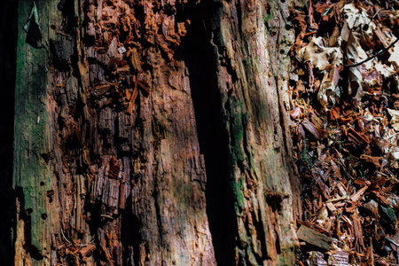 Bark texture reveals intricate patterns and colors illuminated by sunlight filtering through trees in a forest setting.の写真素材