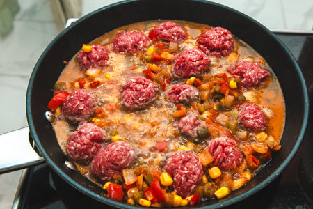 Chunks of raw ground beef are simmering with colorful vegetables in a skillet on a stovetop. The dish is being prepared for a flavorful meal.の写真素材