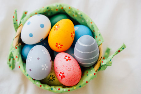 A vibrant assortment of decorated eggs in a green basket with floral patterns perfect for spring celebrations and Easter activities.の写真素材