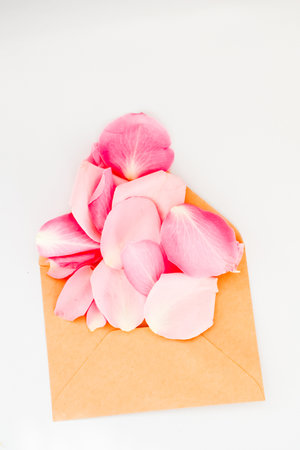 Soft pink and peach rose petals are beautifully arranged spilling out of a brown envelope on a white surface.の写真素材