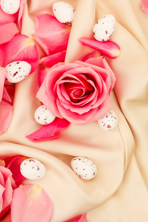 Delicate pink rose surrounded by small decorative eggs and scattered flower petals on a soft beige fabric.の写真素材