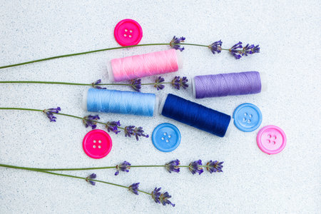 Various spools of thread in pastel and deep tones surrounded by lavender and buttons create a...