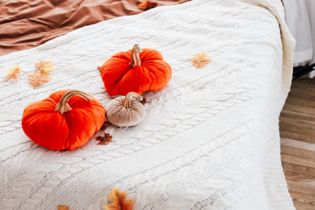 Three vibrant pumpkins in orange and beige are placed on a cozy knitted blanket with autumn leaves around creating a warm vibe.の写真素材