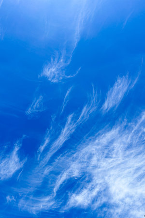 Wispy clouds stretch across a clear blue sky creating a serene atmosphere. The sunlight highlights...