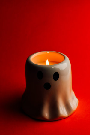 A charming ghost shaped candle emits a warm glow. It is placed on a vivid red surface creating a cozy and festive ambiance. The design adds a playful touch perfect for Halloween.の写真素材